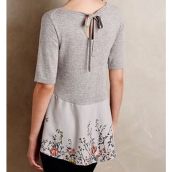 Anthropologie Moth Grey Peplum Short Sleeve Sweater with Floral Pattern Small - Picture 3 of 9